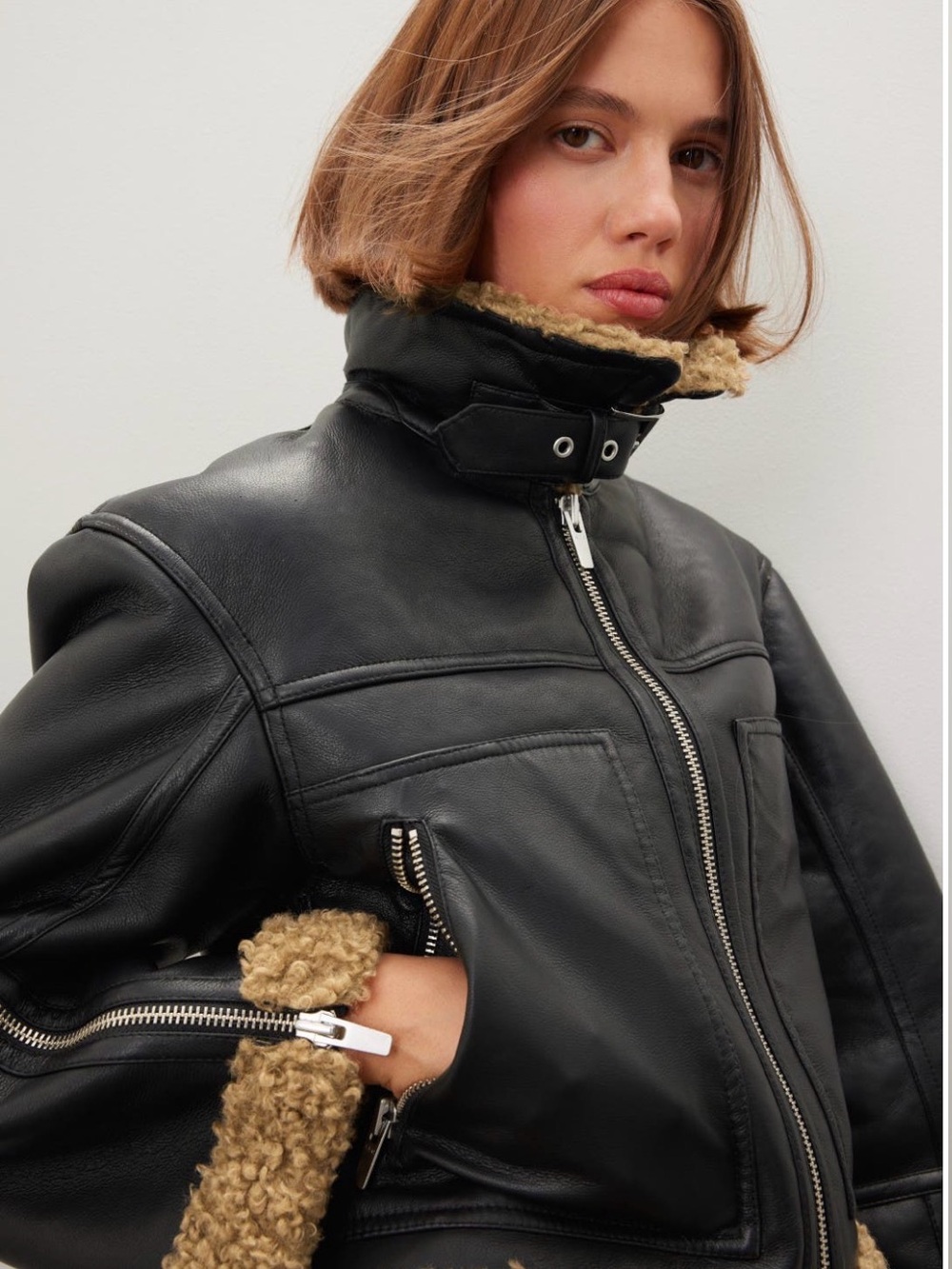 A.L.C. Black Leather Jacket with Tan Shearling Trim